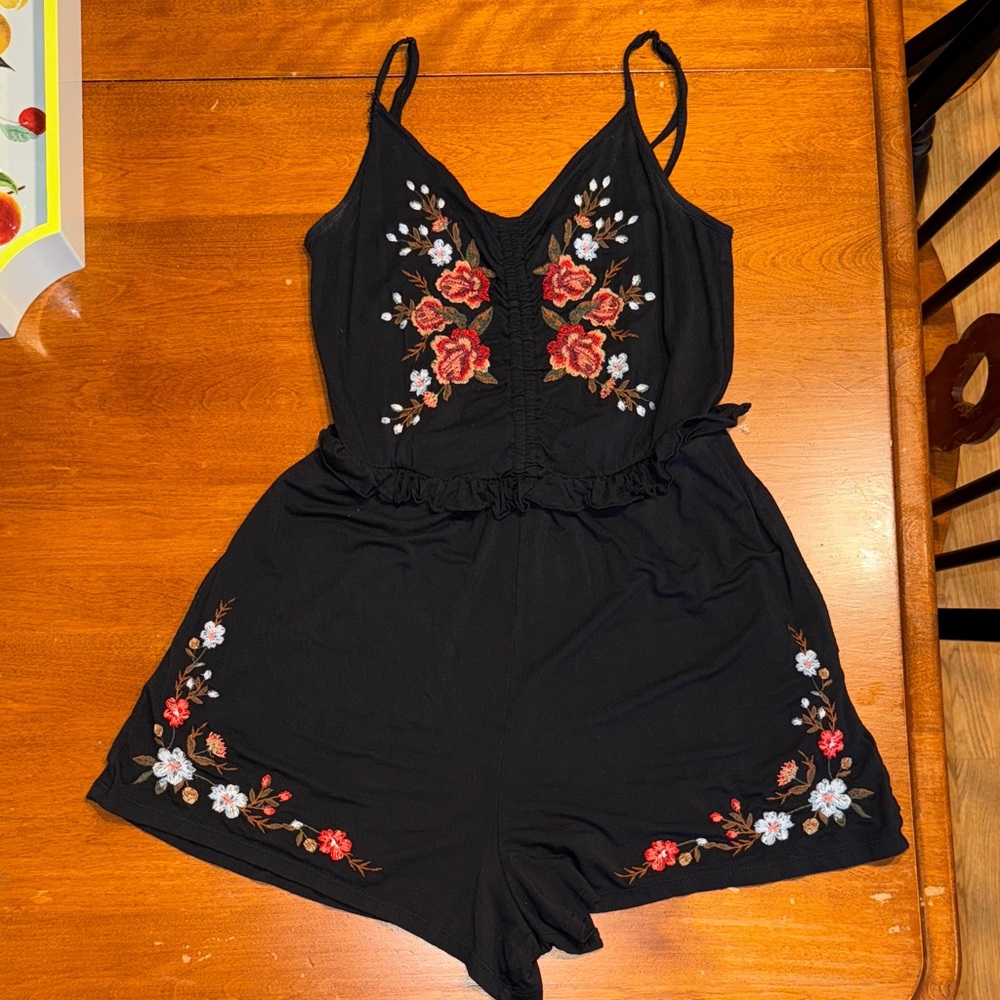 Floral Embroidered Black Romper